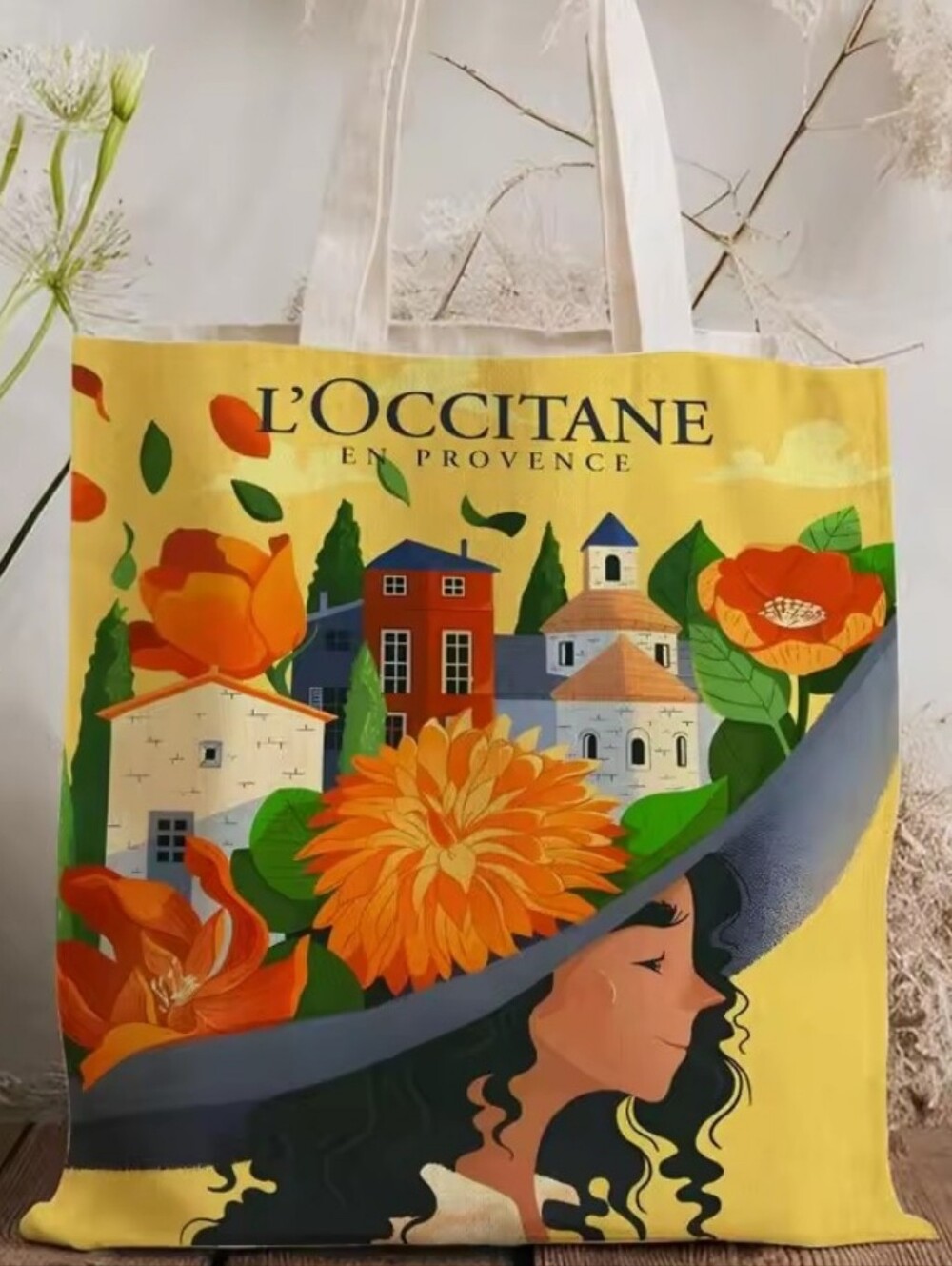 L'OCCITANE Yellow Floral Canvas Tote Bag